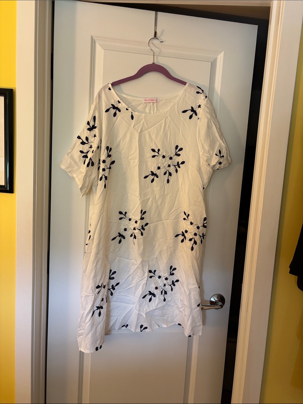 White Mini Dress with Navy Floral Embroidery